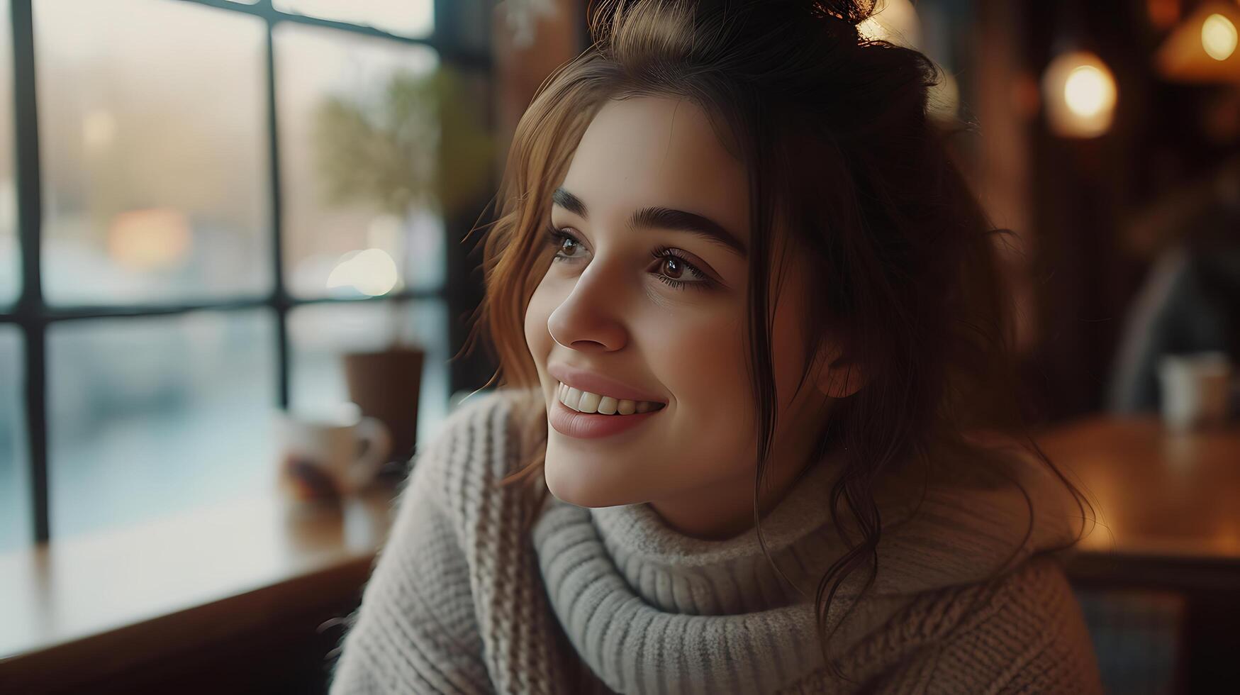 ai generado joven mujer sonrisas con inalámbrico auriculares y teléfono inteligente capturado en de cerca foto