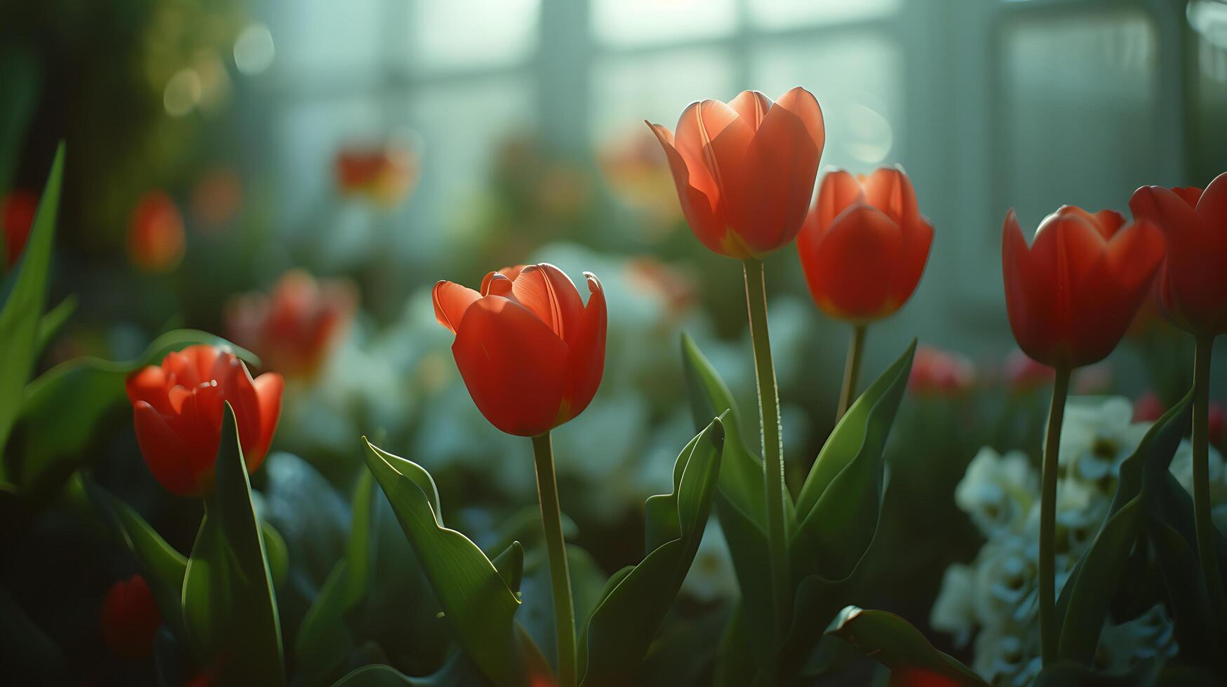 AI generated Dreamy Red Tulips Blooming in Soft Light captured with 50mm Lens photo