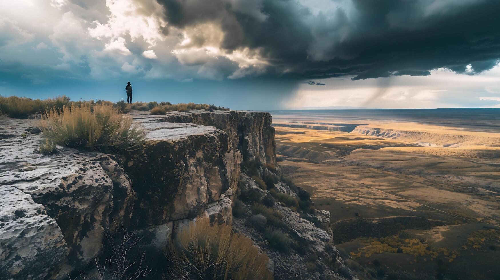 AI generated Solitary Figure Faces the Rugged Landscape Embracing Hope Amidst Changing Weather photo
