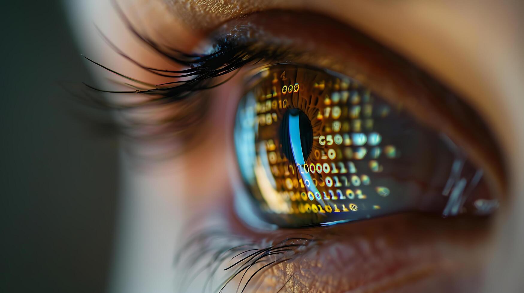 AI generated Reflective Eye Captures Digital Screen with Binary Code in Soft Light photo
