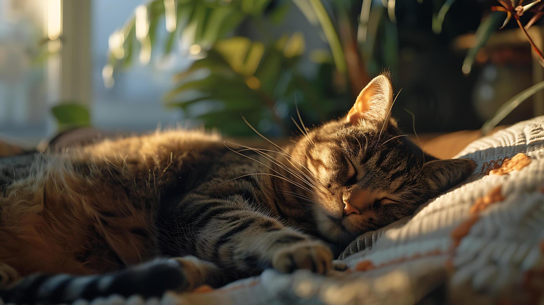 ai generado acogedor gato siestas en suave luz de sol enmarcado por Doméstico felicidad foto