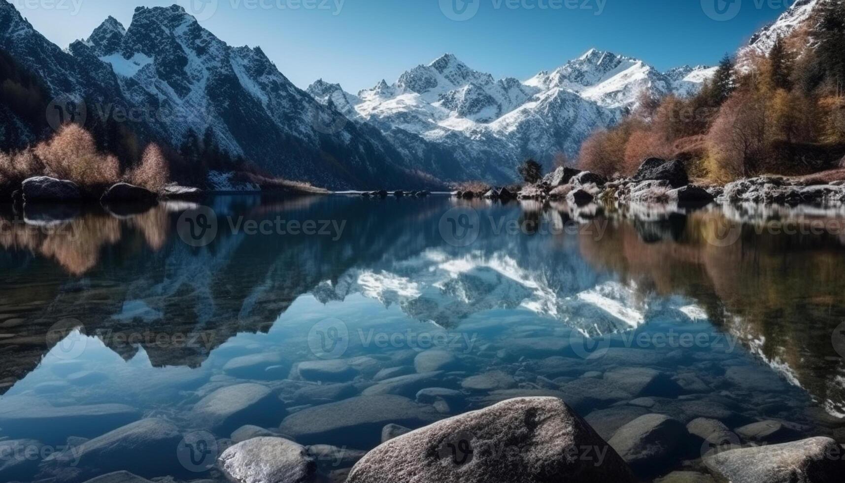 AI generated Majestic mountain peak reflects tranquil blue water in snowy landscape generated by AI photo