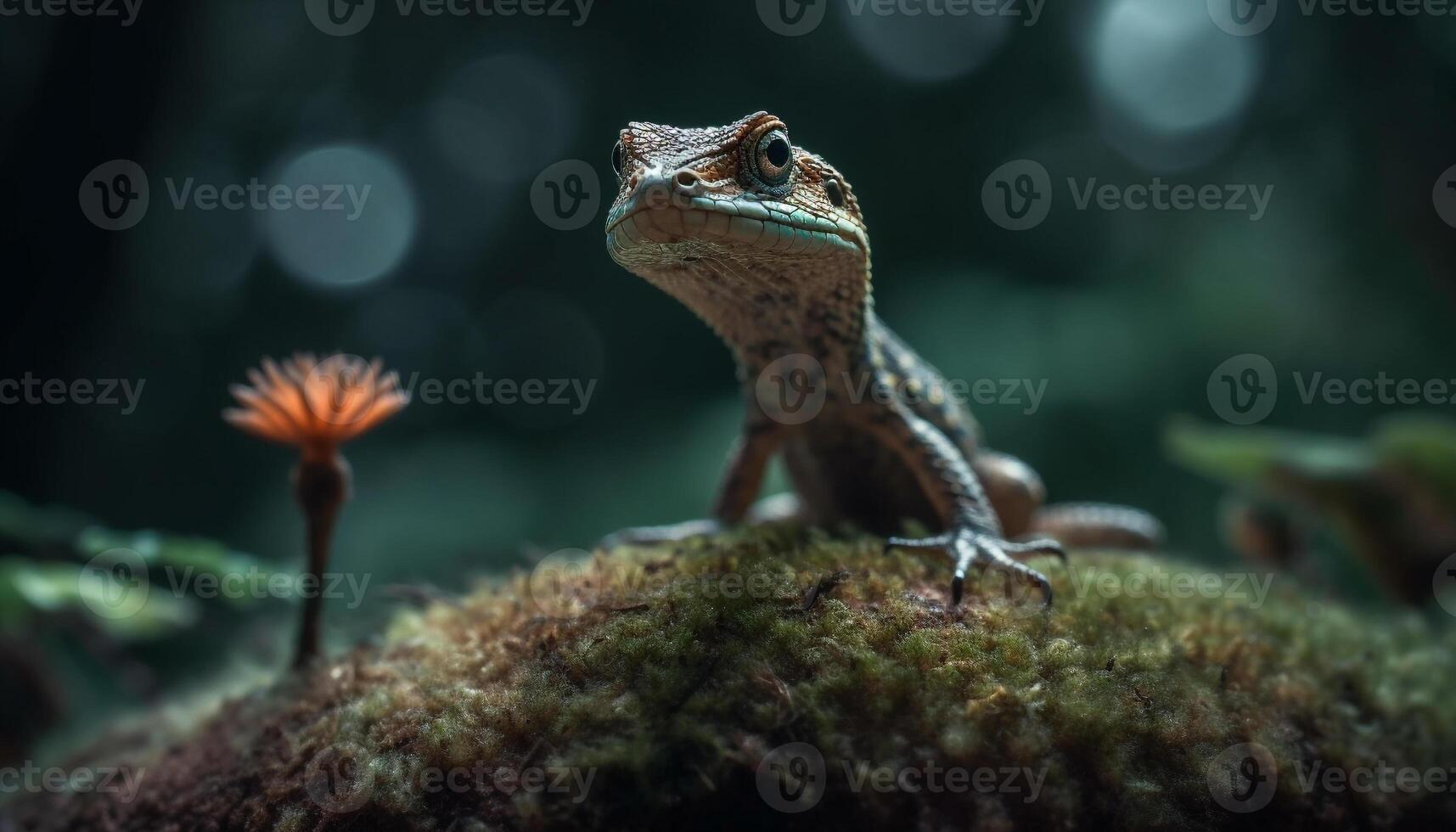 AI generated A small green lizard on a branch in the forest generated by AI photo