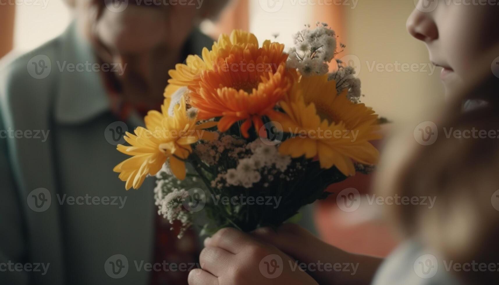 AI generated Two girls holding a bouquet, smiling, surrounded by nature generated by AI photo