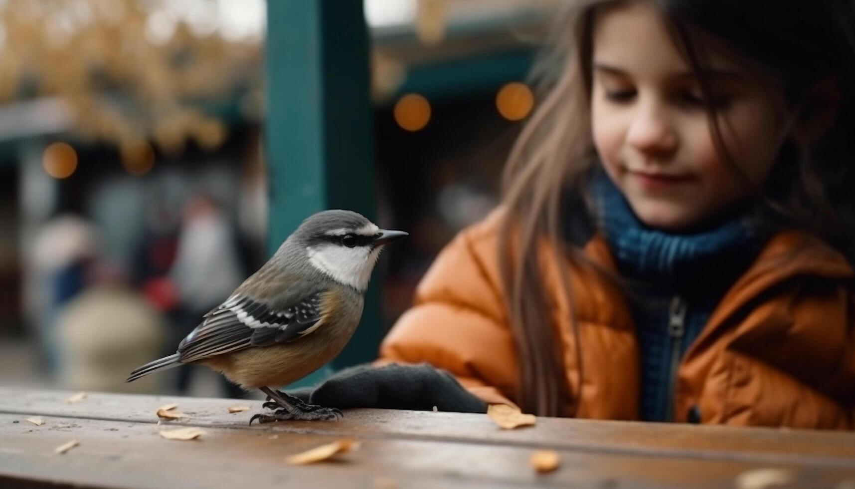 AI generated Smiling girl sitting outdoors, looking at camera, surrounded by nature generated by AI photo