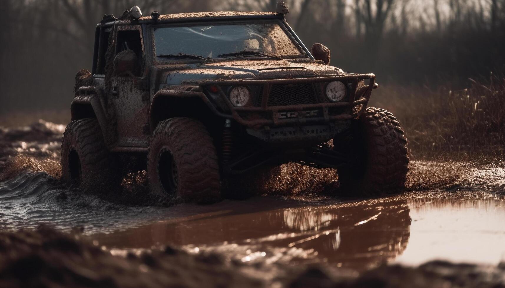 AI generated Off road vehicle speeds through muddy terrain, splashing dirt and water generated by AI photo