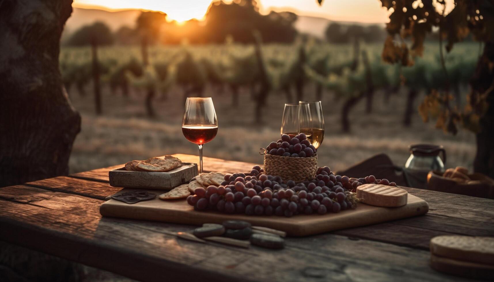 AI generated A rustic picnic in nature wine, food, and relaxation generated by AI photo