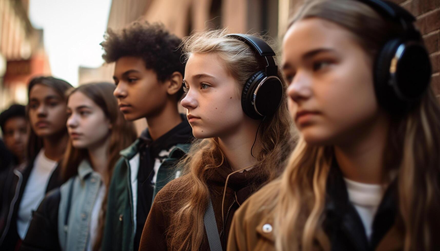 ai generado joven adultos disfrutando ocio ocupaciones al aire libre, escuchando a auriculares juntos generado por ai foto