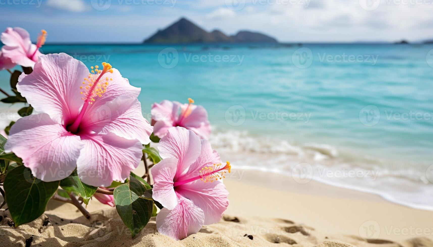 AI generated Tropical beach, sand, water, coastline, relaxation, sunshine, palm trees generated by AI photo