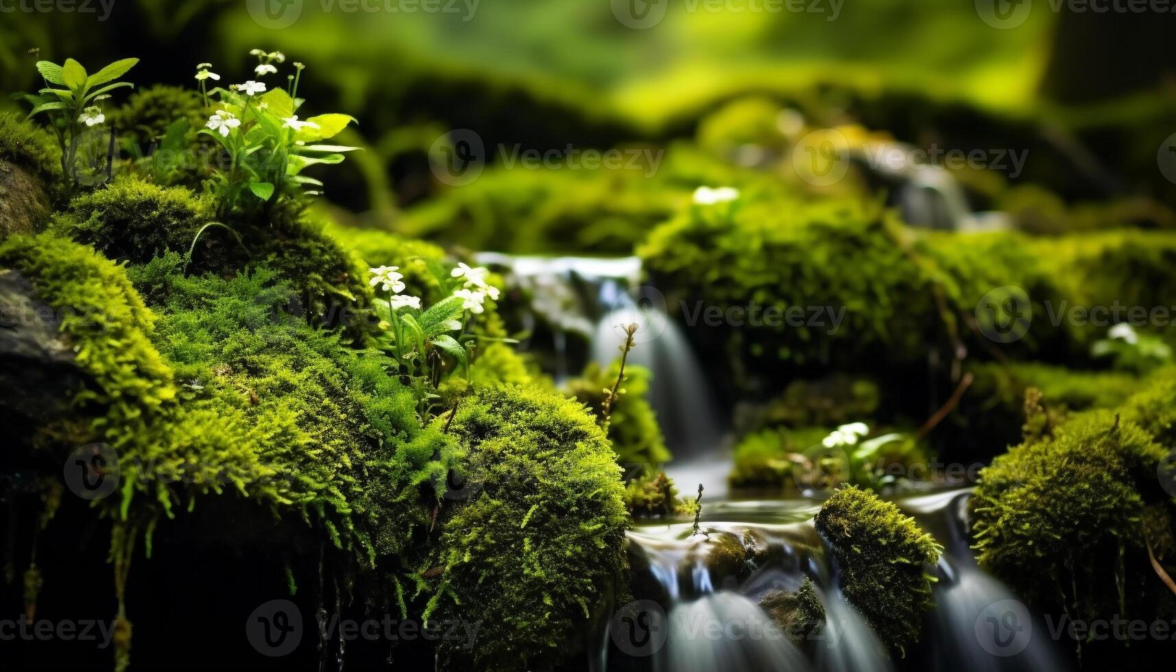 AI generated Fresh green leaves flow in tranquil forest stream generated by AI photo