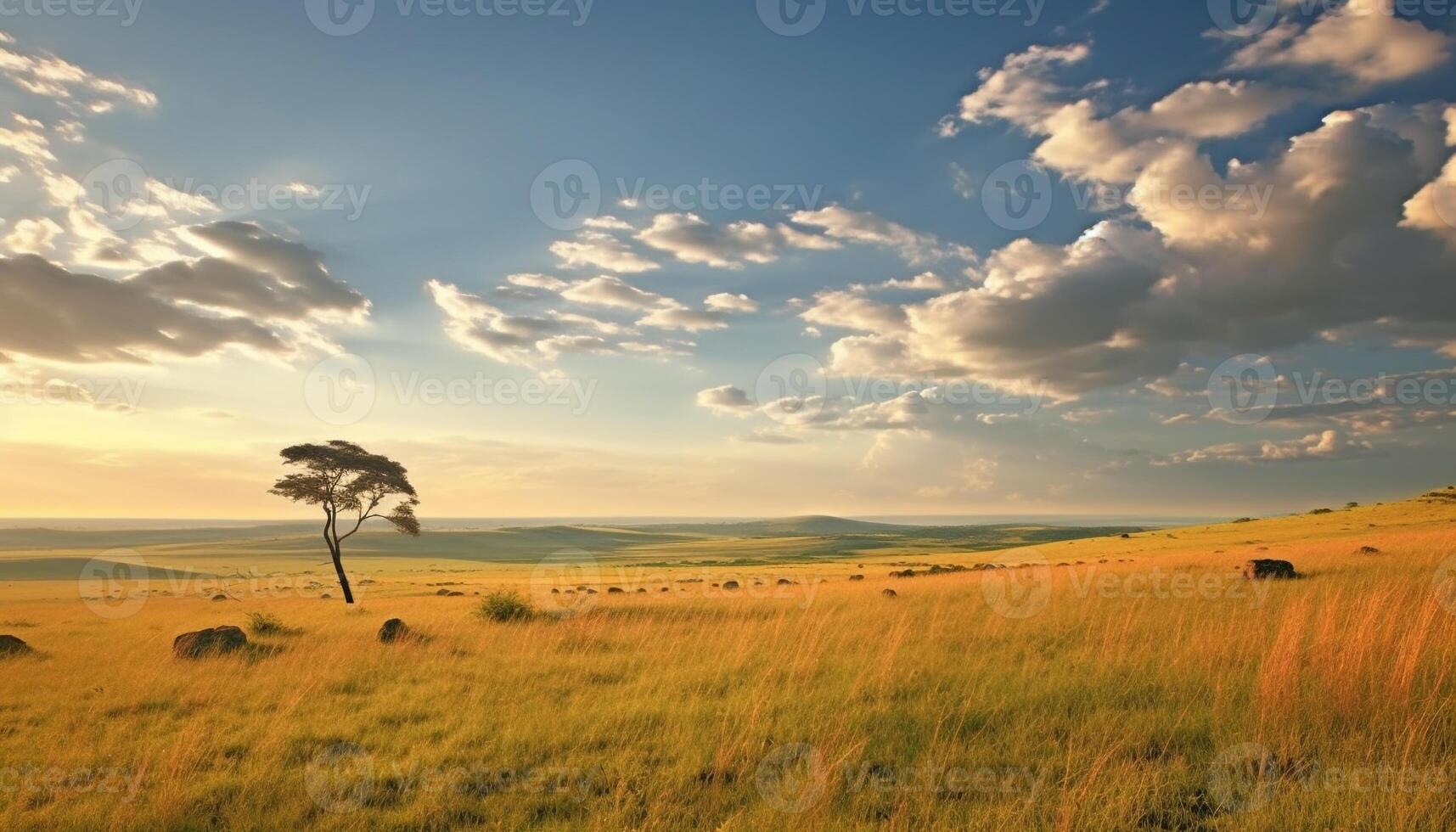 AI generated Tranquil sunset over grassy meadow, nature beauty generated by AI photo