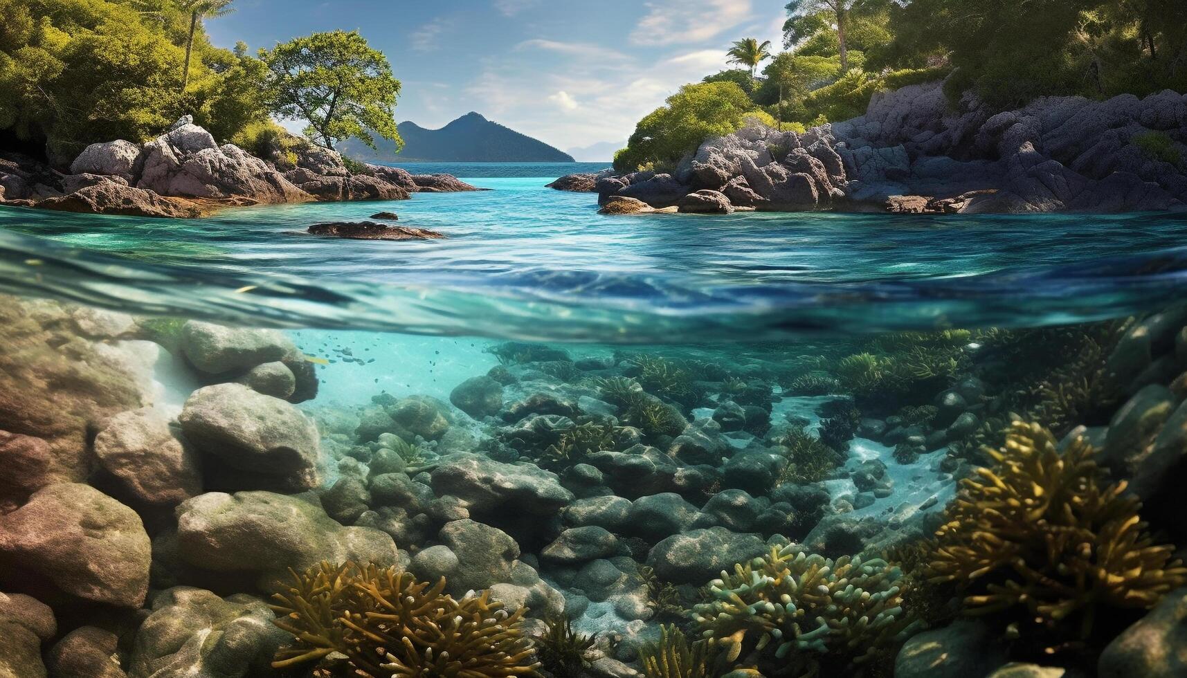 AI generated Underwater reef, fish swim in tropical blue generated by AI photo