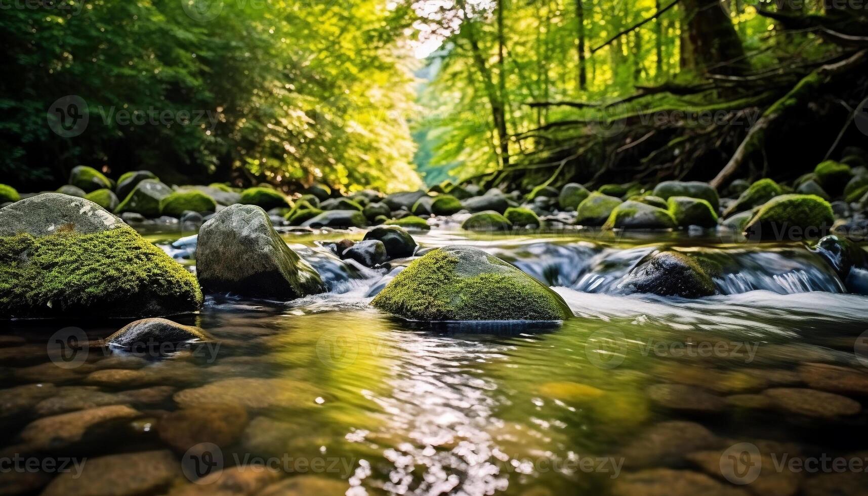 ai generado tranquilo escena de verde bosque con fluido agua generado por ai foto