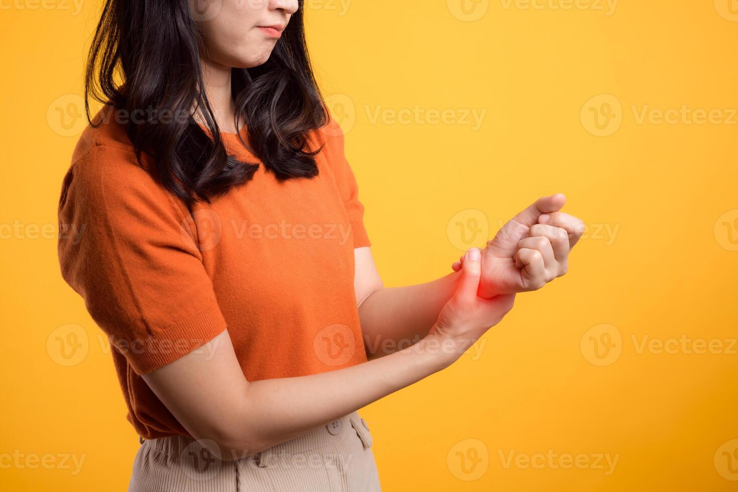 Portrait of a person dealing with wrist discomfort, showcasing arthritis pain. Illustrating body ache and health issue. photo