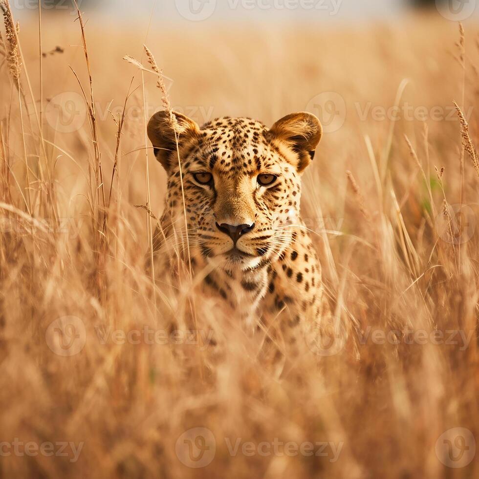 ai generado fotorrealista imagen de un leopardo en seco césped. leopardo en emboscada foto