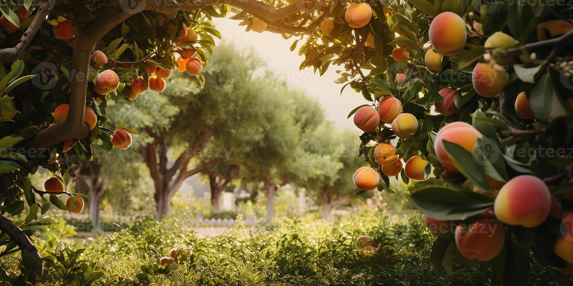 AI generated Ripe sweet peaches growing on a peach tree in the garden. Close-up of peaches and peach trees in sunlight photo