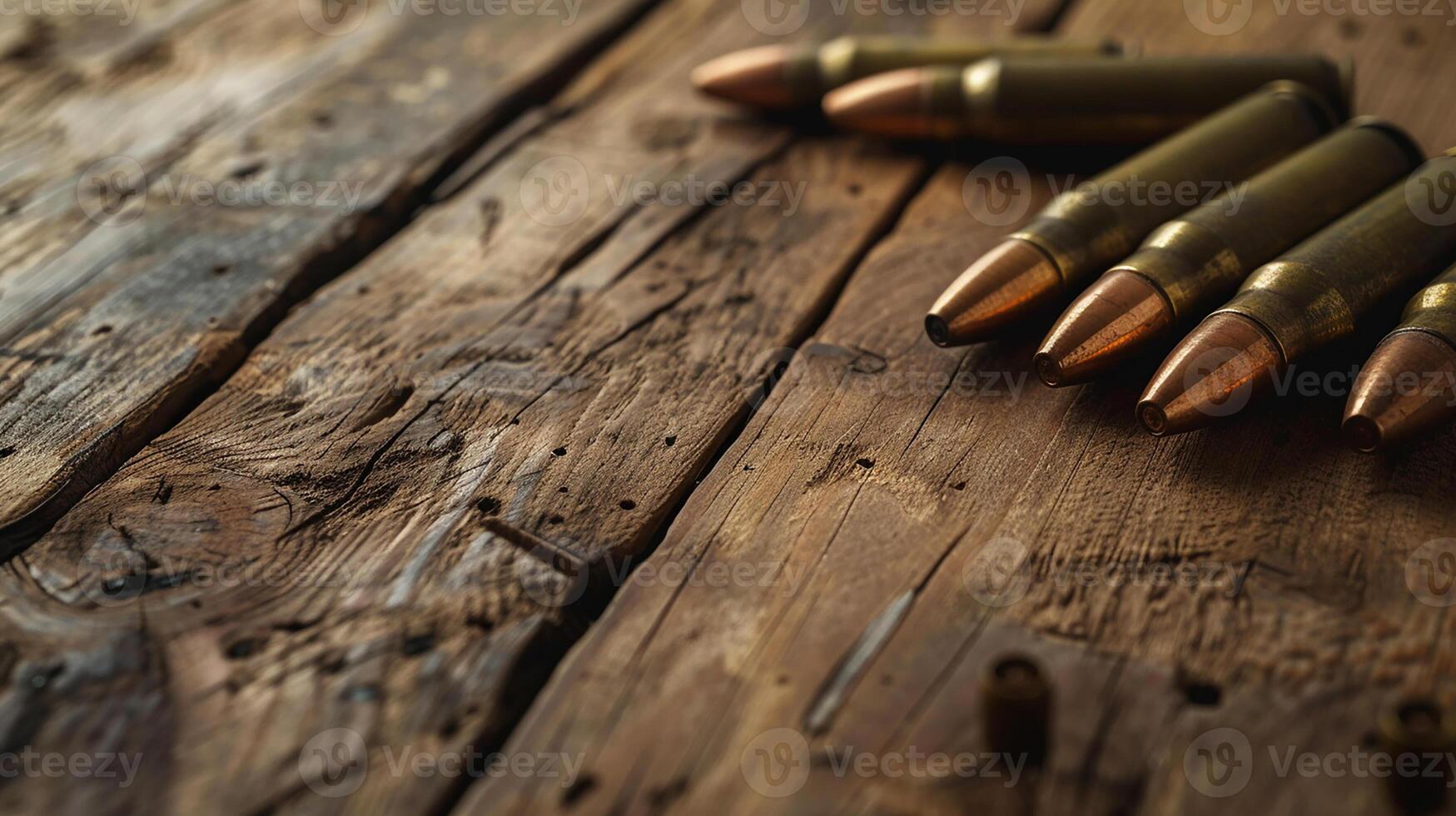 AI generated Close-up of rifle cartridges. Ammunition for firearms on a wooden surface photo