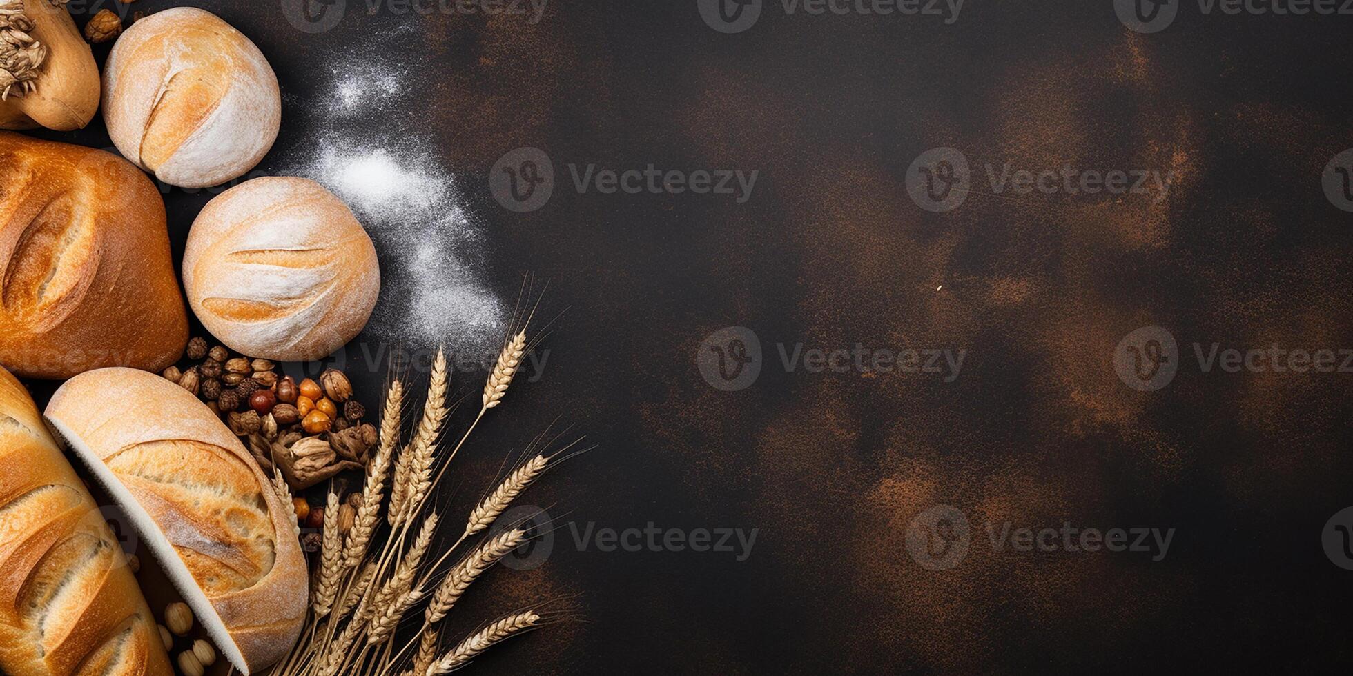 AI generated Top view. Photorealistic image. Ingredients for baking on a black background. photo