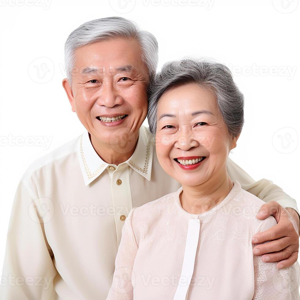AI generated Family photo. Happy elderly Asian couple on white background photo