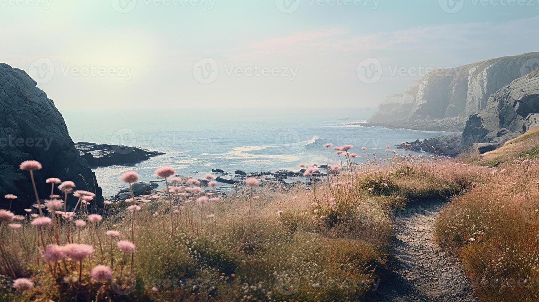 AI generated Photorealistic seascape with flowers on the seashore. Magnificent views of the sea with rocky mountains, various plants and wildflowers. photo