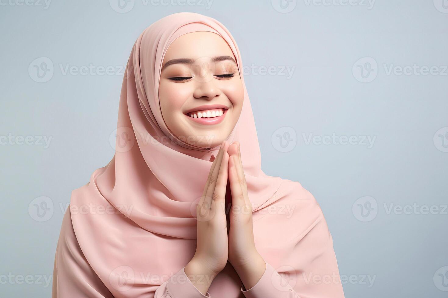 ai generado hermosa asiático musulmán mujer con un radiante sonrisa, haciendo un eid Mubarak saludo gesto, aislado en un limpiar fondo, representando el concepto de religioso estilo de vida foto