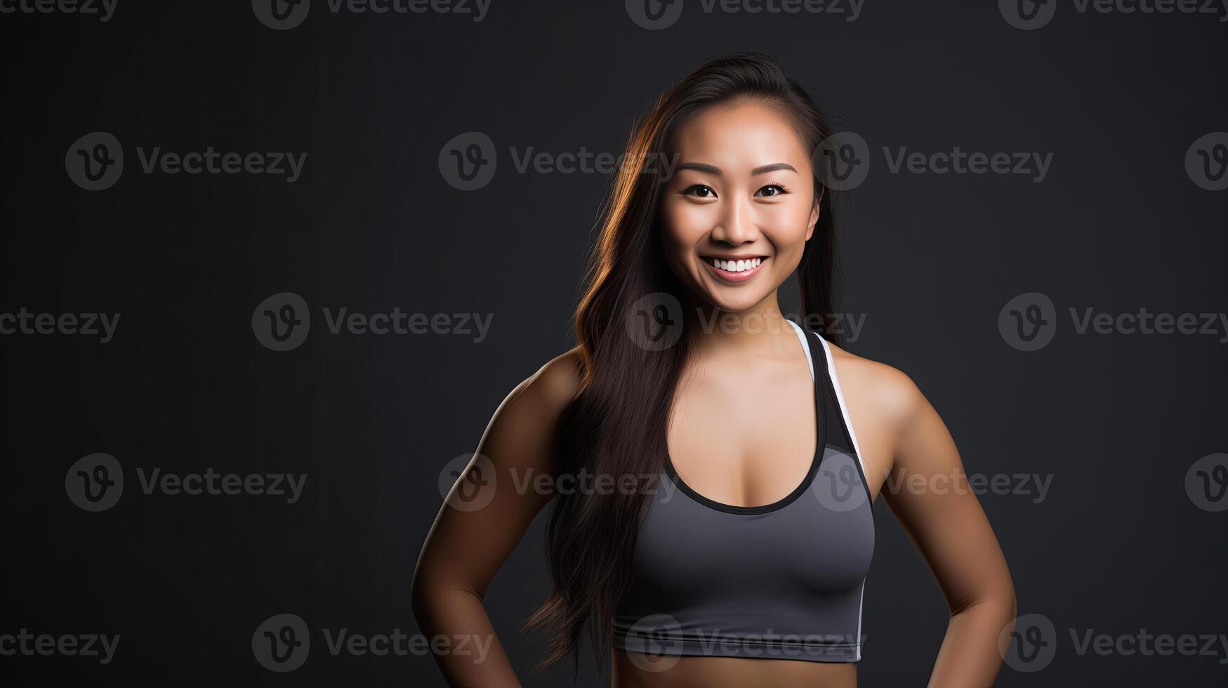 AI generated Beautiful Young Asian Woman Showcasing Strength and Determination in Dynamic Workout Poses, Fitness Session, Isolated Against a studio Background photo