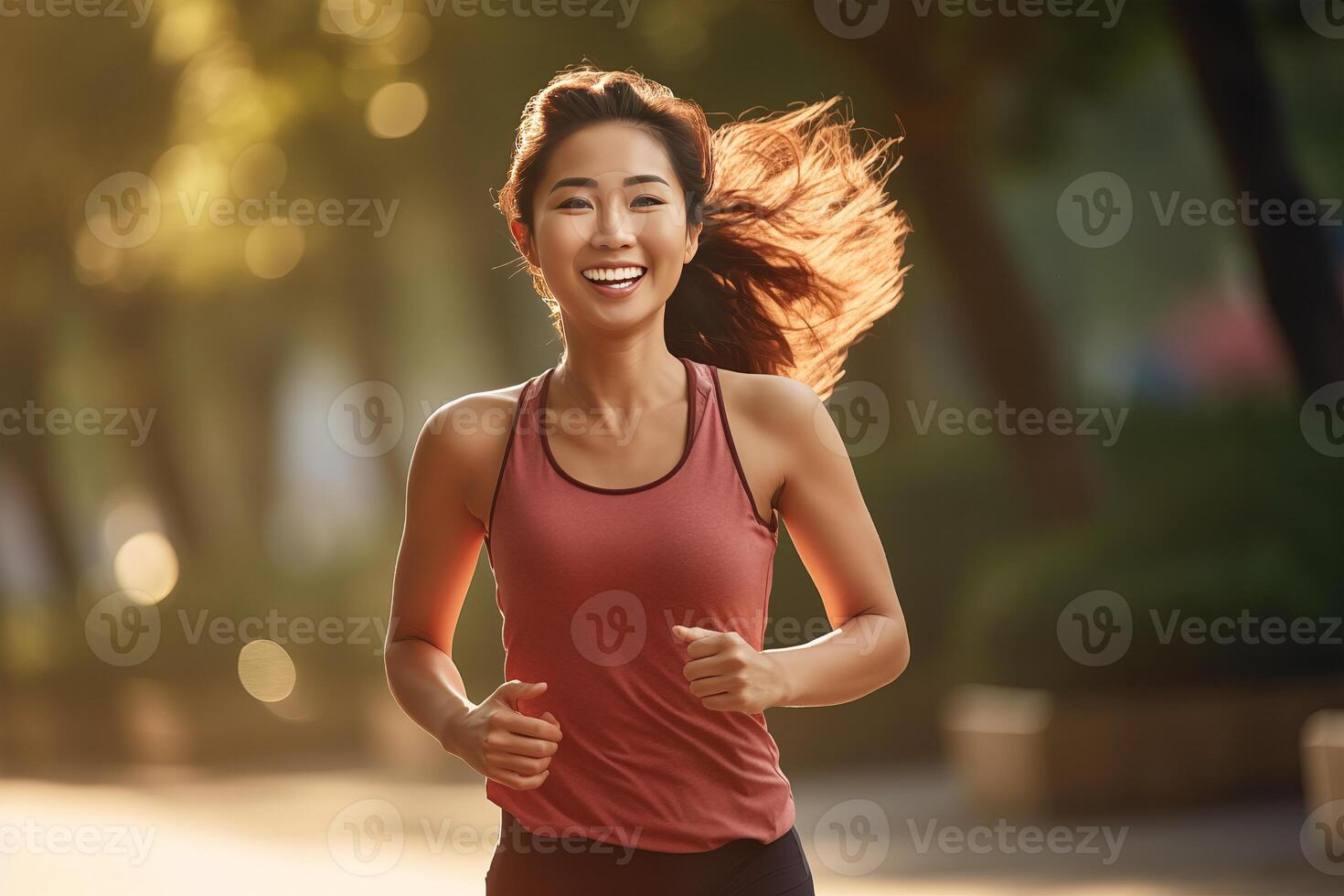 AI generated Happy and Healthy Asian Young Woman Running and Jogging photo