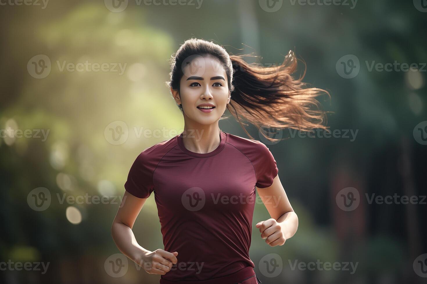 ai generado contento y sano asiático joven mujer corriendo y trotar foto