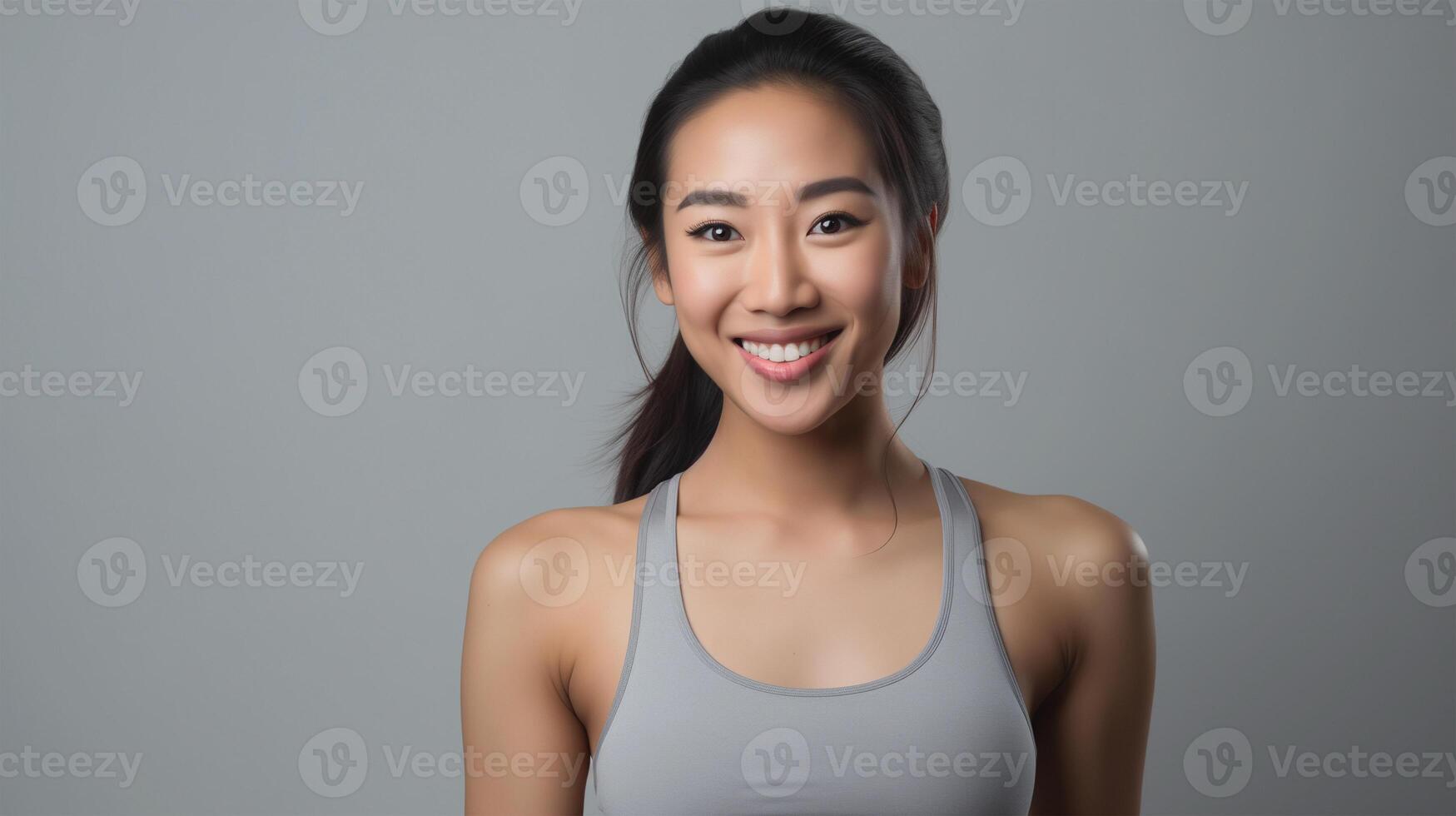 AI generated Beautiful Young Asian Woman Showcasing Strength and Determination in Dynamic Workout Poses, Fitness Session, Isolated Against a studio Background photo