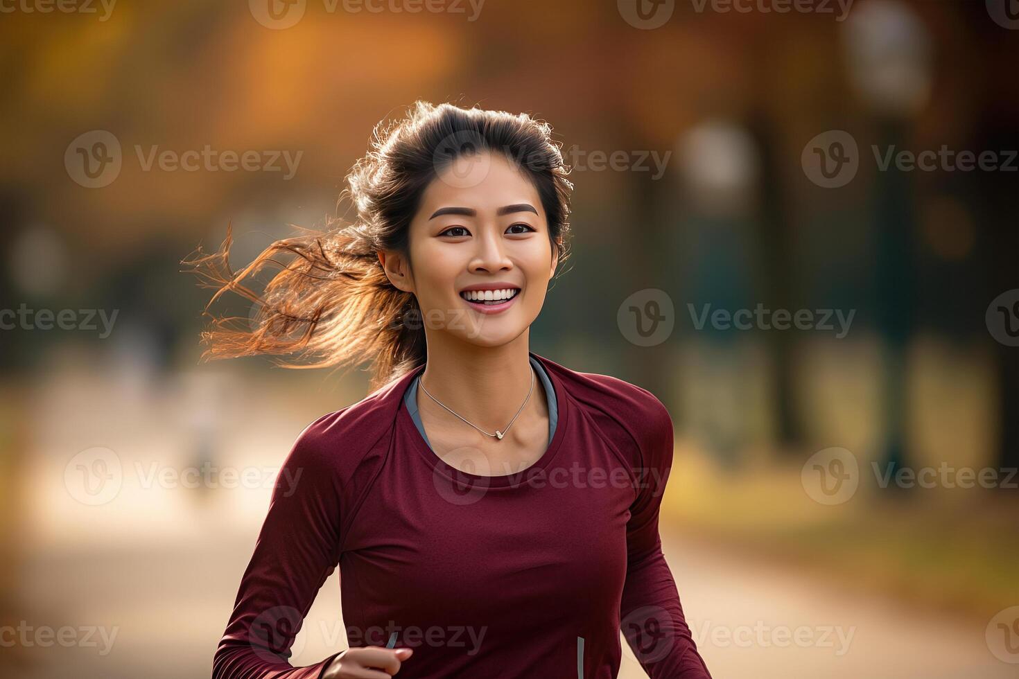 AI generated Happy and Healthy Asian Young Woman Running and Jogging photo