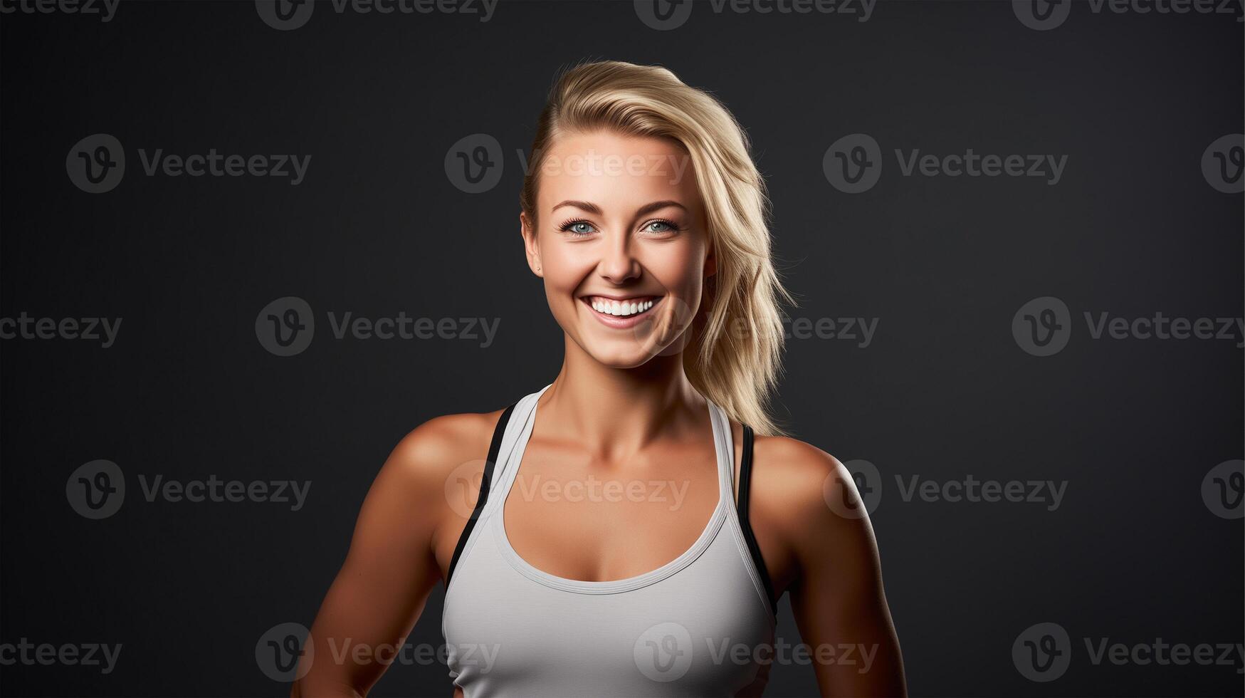 AI generated Portrait of a Beautiful Woman Radiating Post Exercise Glow and Positivity, Smiling after Completing a Workout, Still in Workout Attire, Taken in a Professional Photo Studio Setting