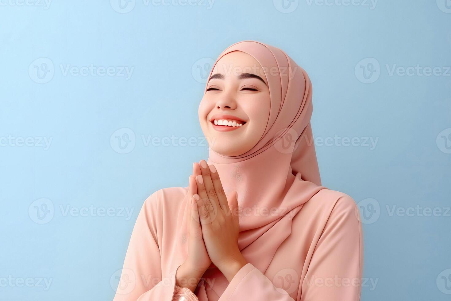 AI generated Beautiful Asian Muslim woman with a radiant smile, making an Eid Mubarak greeting gesture, isolated on a clean background, representing the concept of religious lifestyle photo
