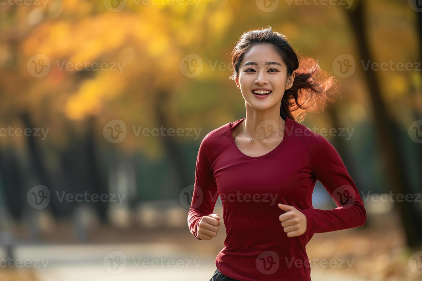 AI generated Happy and Healthy Asian Young Woman Running and Jogging photo