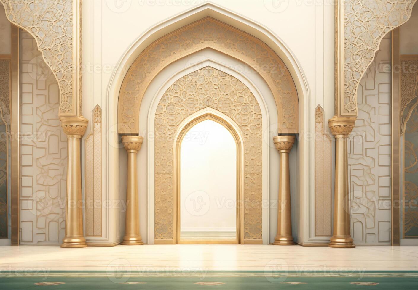 AI generated Luxurious Ramadan celebration with an Islamic architecture background in a light black and bronze style. Featuring luxurious wall hangings, light beige and yellow accents photo