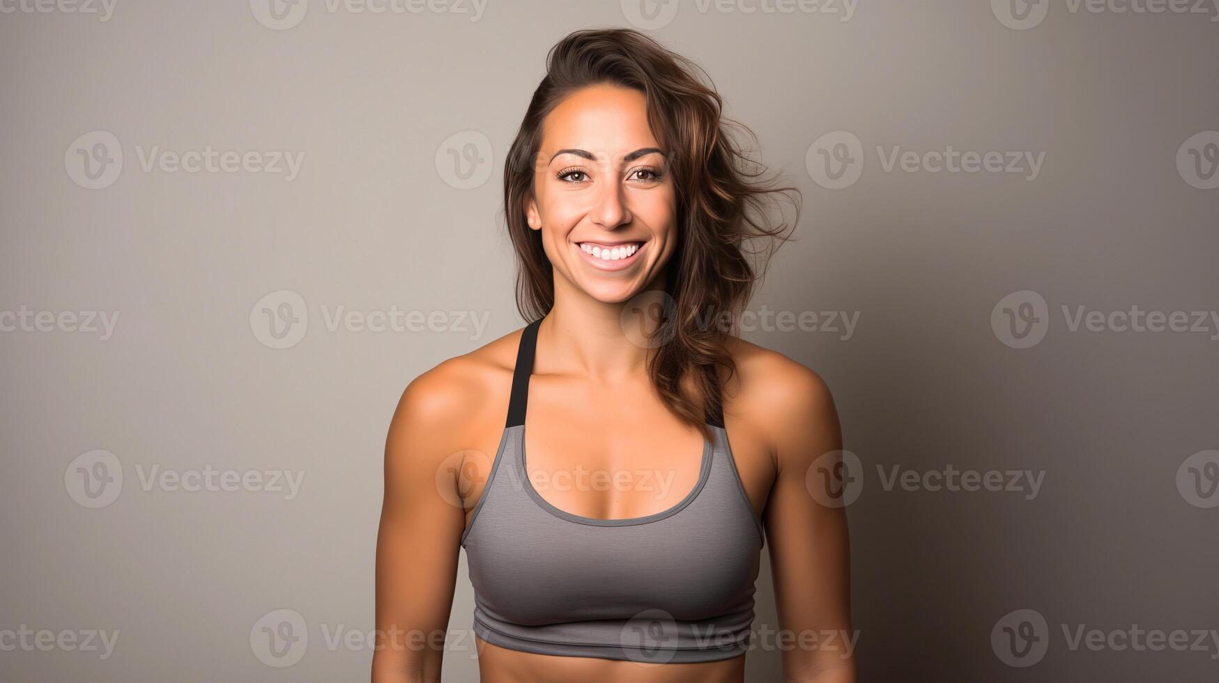 AI generated Portrait of a Beautiful Woman Radiating Post Exercise Glow and Positivity, Smiling after Completing a Workout, Still in Workout Attire, Taken in a Professional Photo Studio Setting