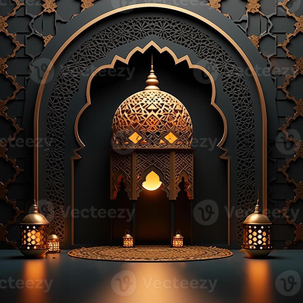 AI generated Luxurious Ramadan celebration with an Islamic architecture background in a light black and bronze style. Featuring luxurious wall hangings, light beige and yellow accents, photo