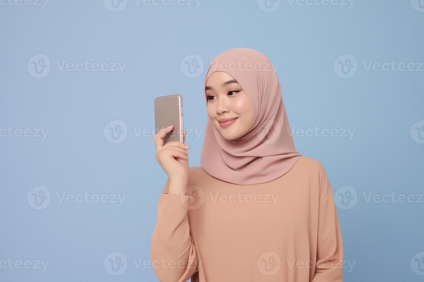 AI generated Cute young Asian girl in hijab holding a smartphone in front of a vibrant blue background photo
