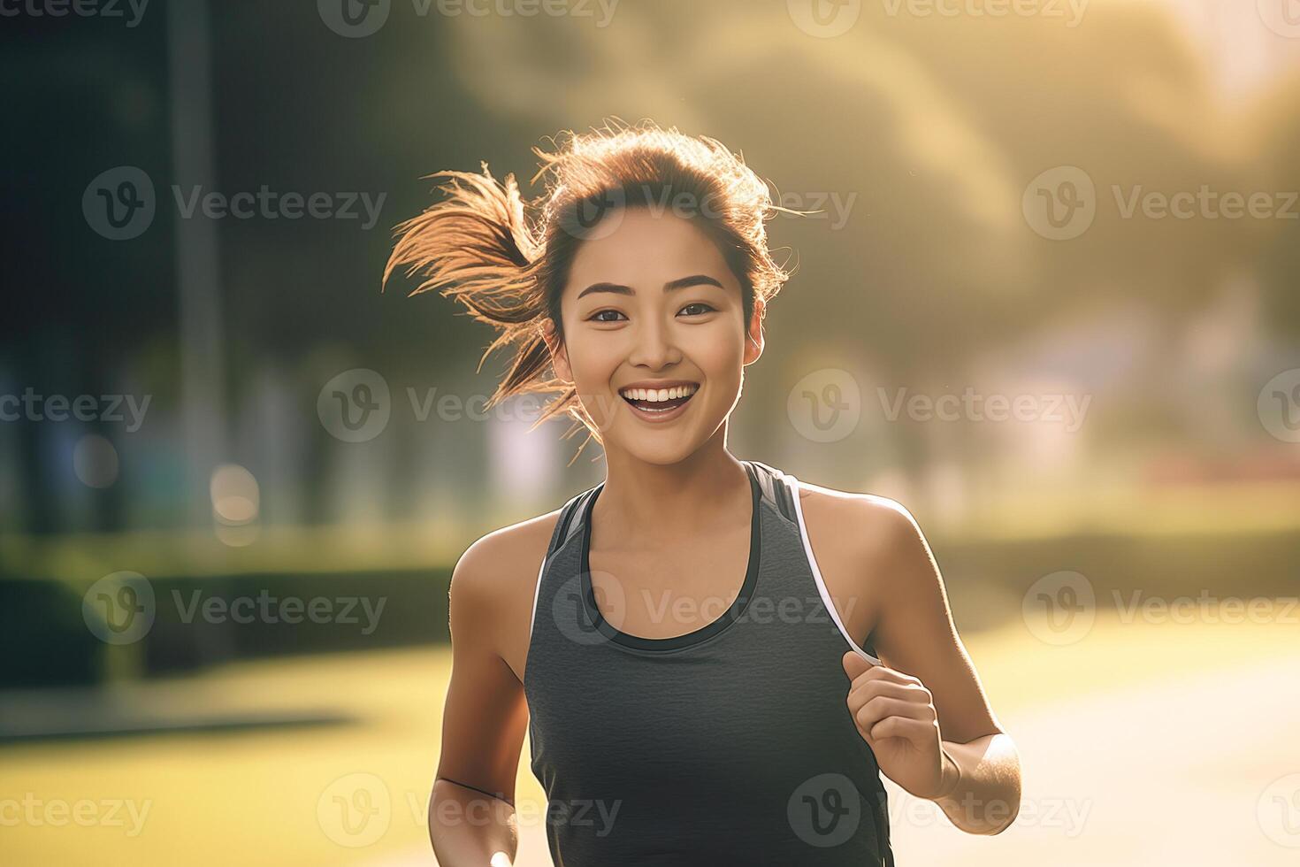 AI generated Happy and Healthy Asian Young Woman Running and Jogging photo