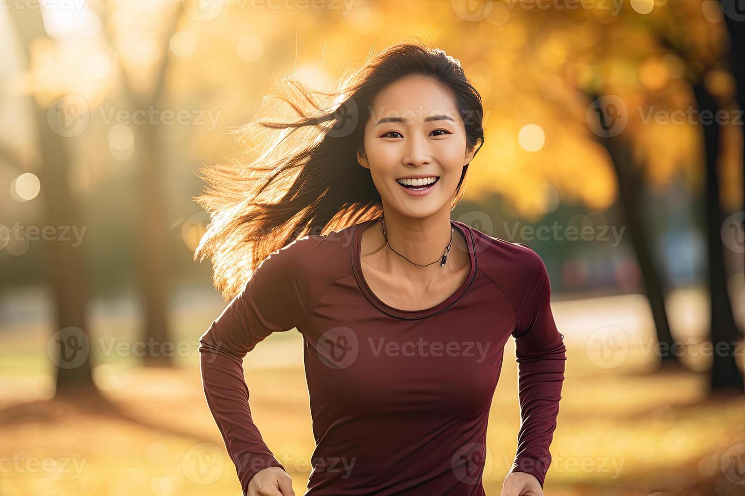 AI generated Happy and Healthy Asian Young Woman Running and Jogging photo