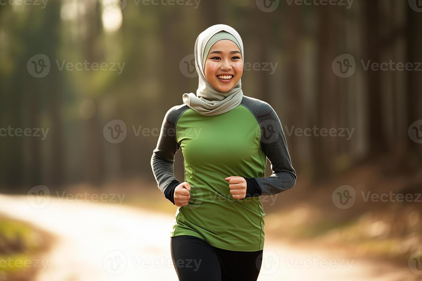 AI generated happy young muslim in hijab jogging on a sunny day outdoors, in the style of green and brown, collaborative activism, asian inspired photo