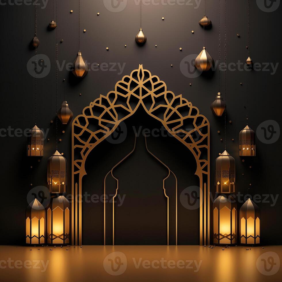 AI generated Luxurious Ramadan celebration with an Islamic architecture background in a light black and bronze style. Featuring luxurious wall hangings, light beige and yellow accents photo