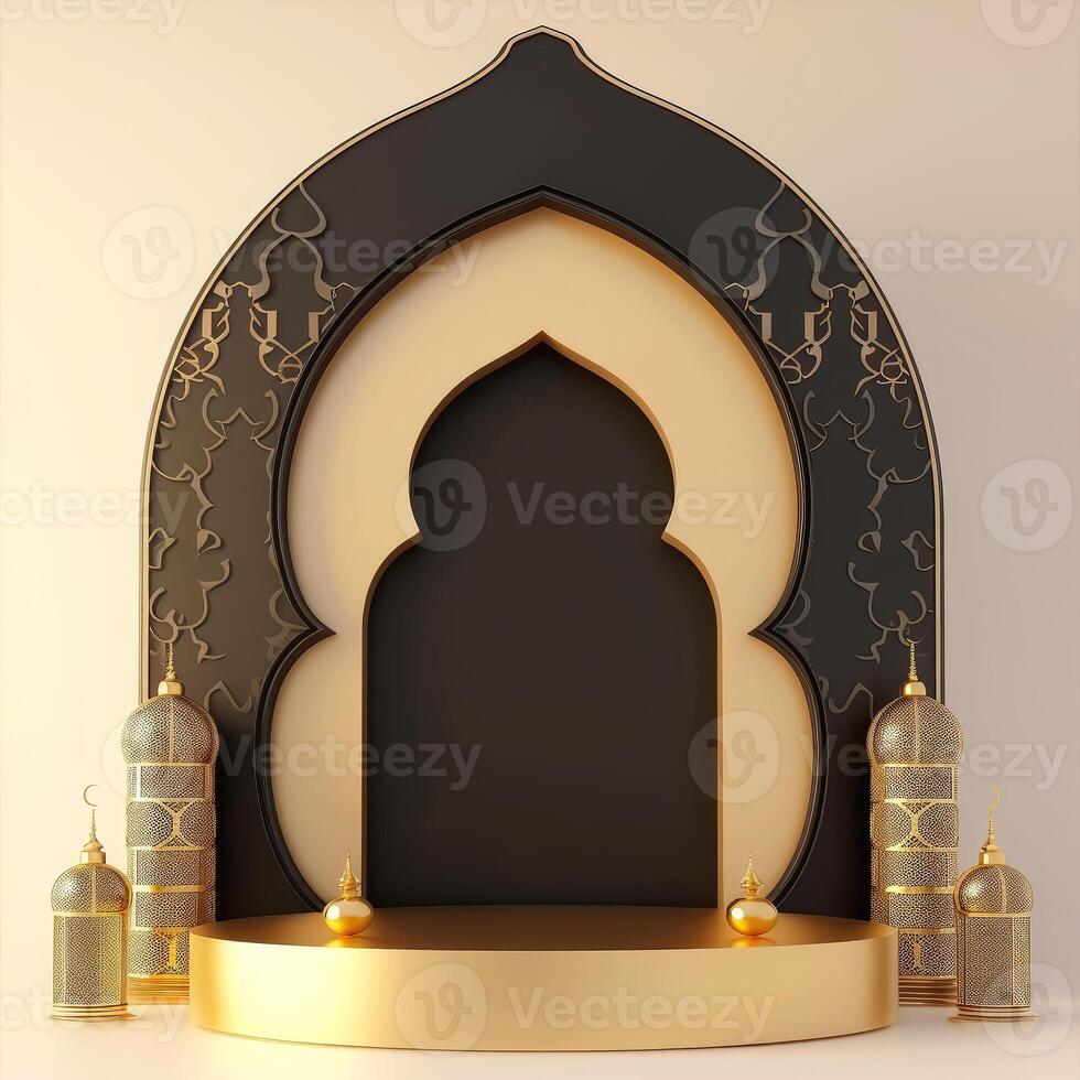 AI generated Luxurious Ramadan celebration with an Islamic architecture background in a light black and bronze style. Featuring luxurious wall hangings, light beige and yellow accents, photo
