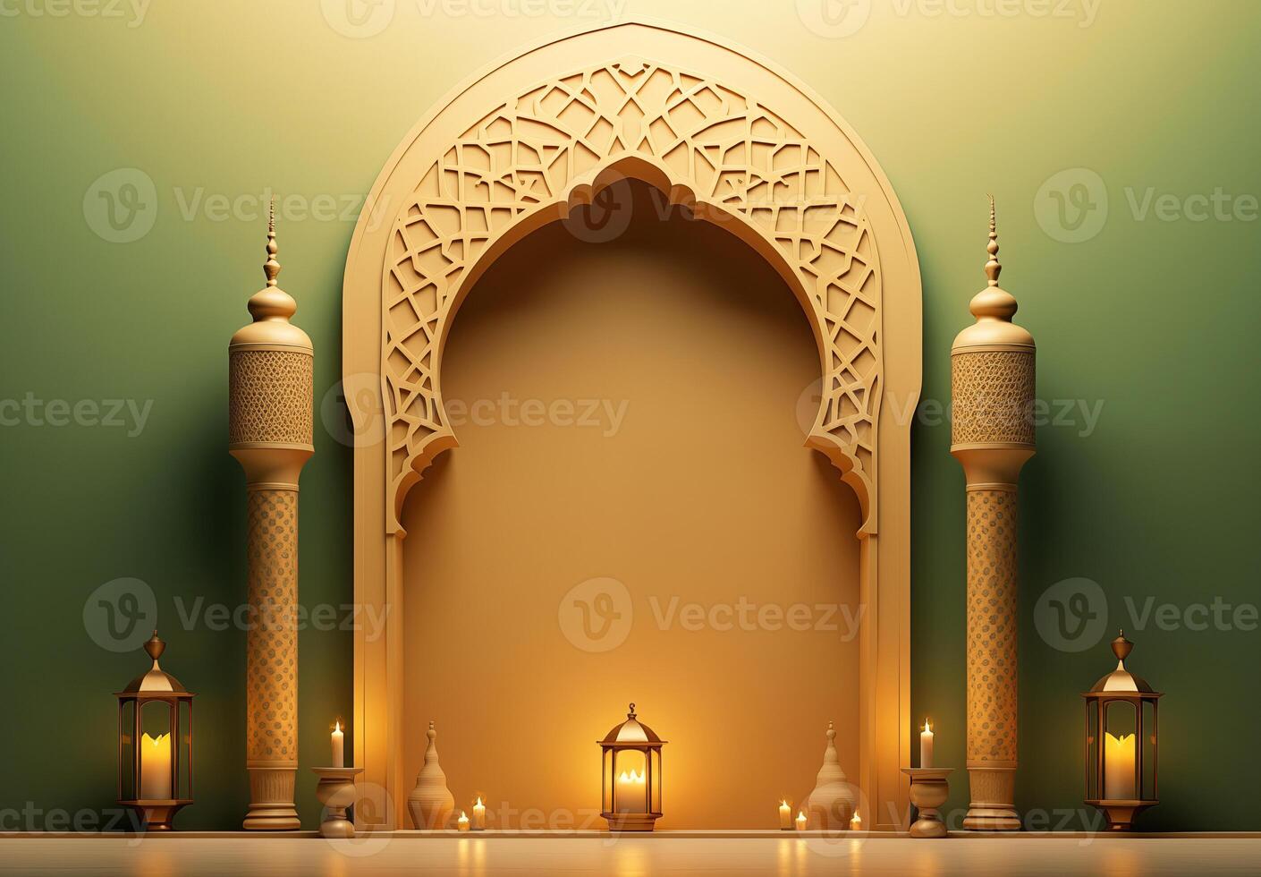 AI generated Luxurious Ramadan celebration with an Islamic architecture background in a light black and bronze style. Featuring luxurious wall hangings, light beige and yellow accents photo