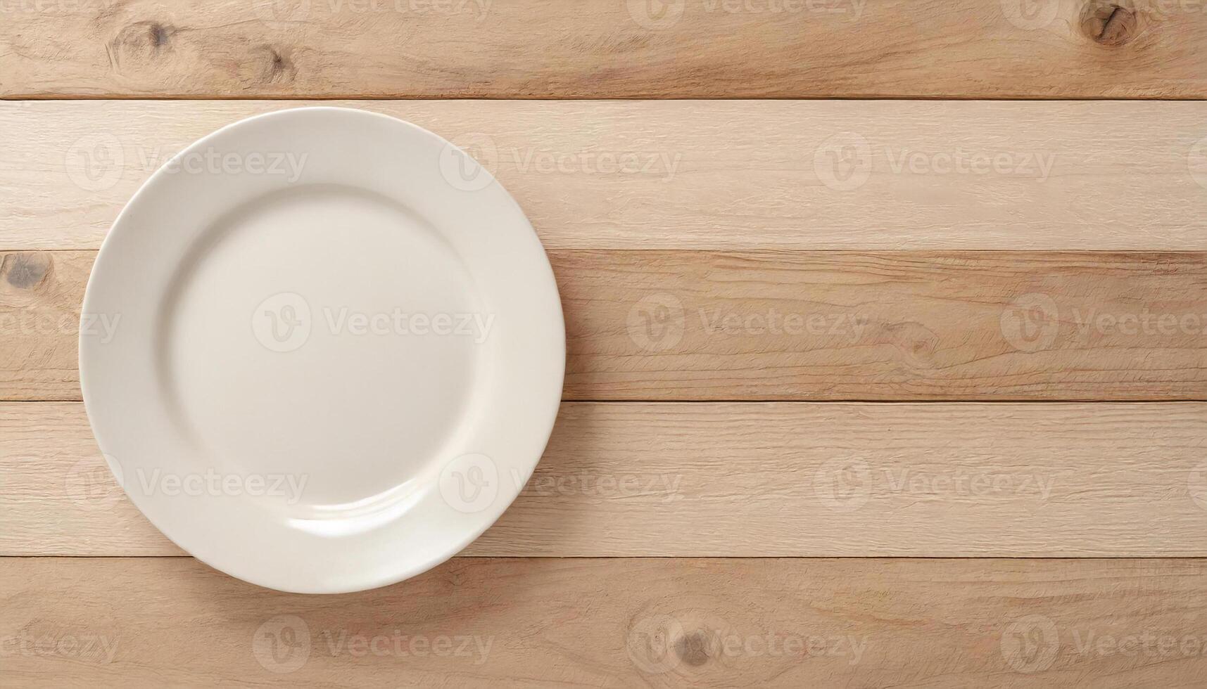 AI generated Simple and elegant background of an empty light brown wooden surface with a empty round white plate on it, suitable for food, kitchen, or dining themes photo