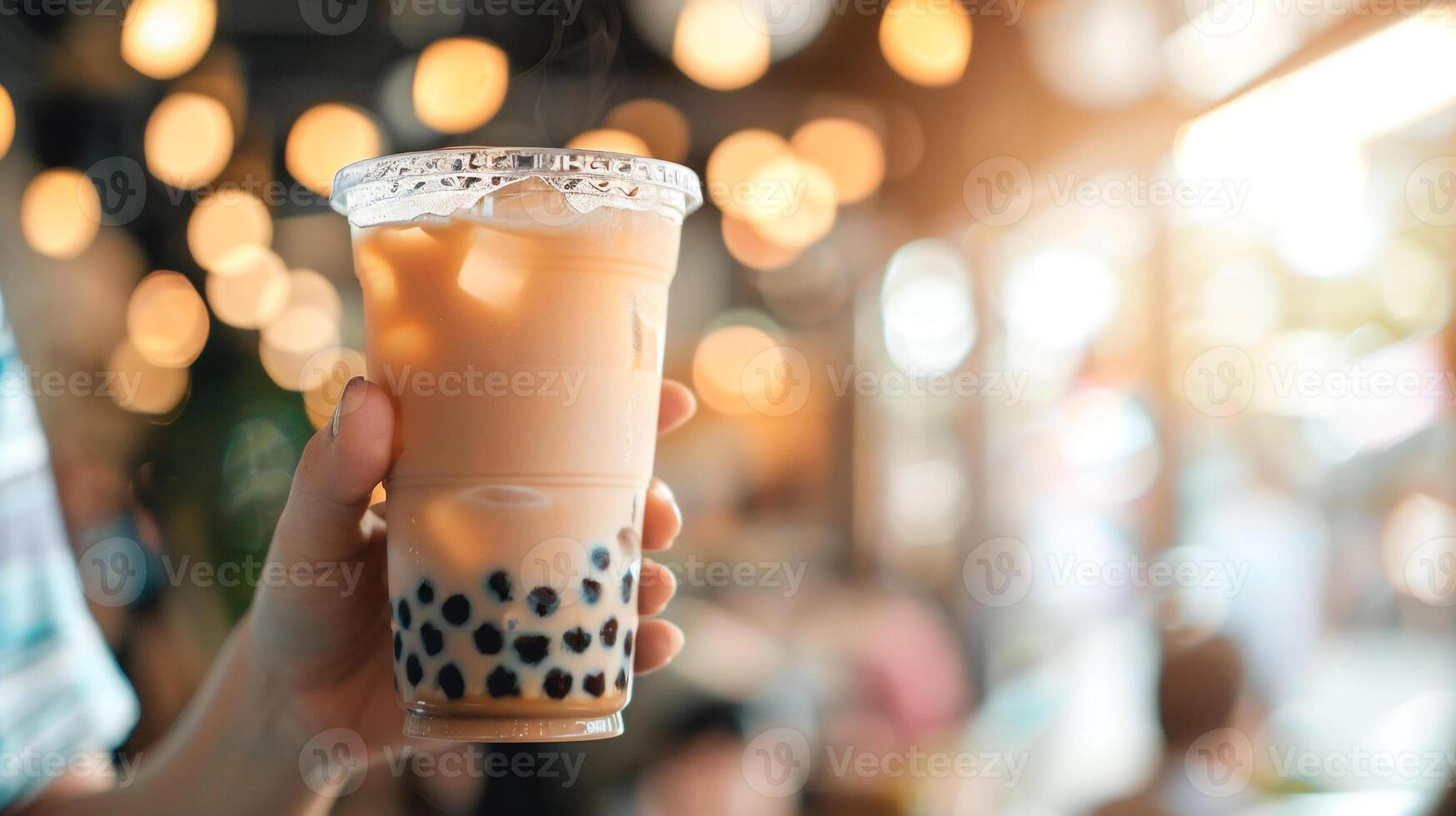 AI generated Happy Asian beautiful woman holding glass of bubble tea in her hand . photo