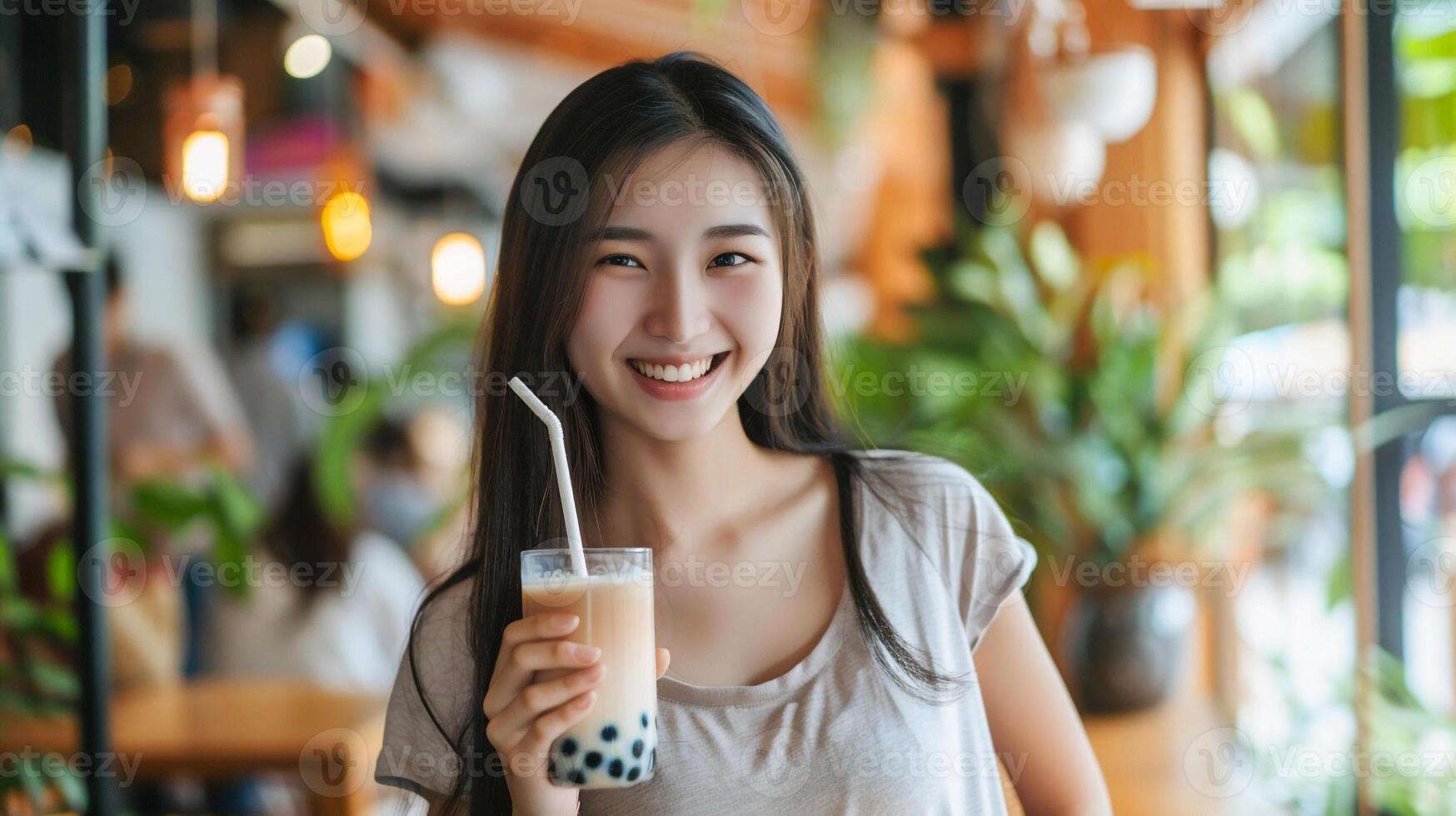 AI generated Happy Asian beautiful woman holding glass of bubble tea in her hand . photo