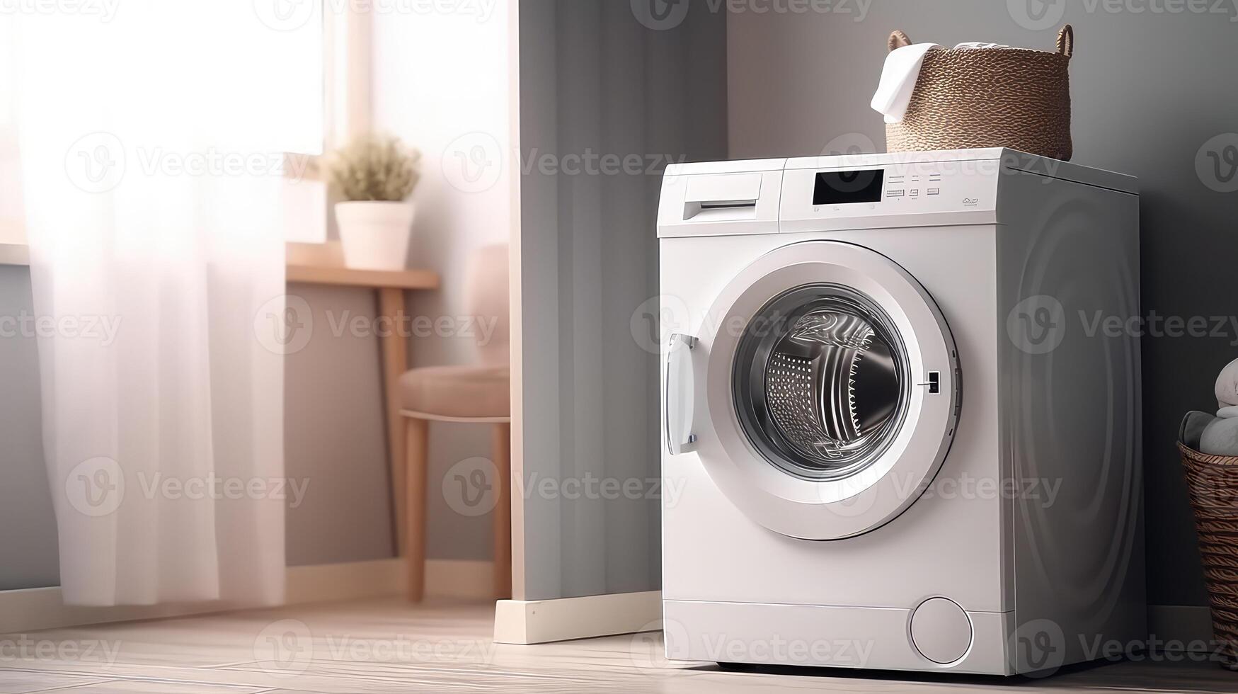 AI generated Washing machine in the laundry room. 3d rendering and illustration. photo