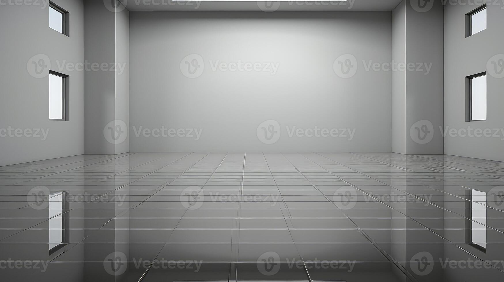 AI generated 3d rendering of empty room with gray walls and floor and windows photo