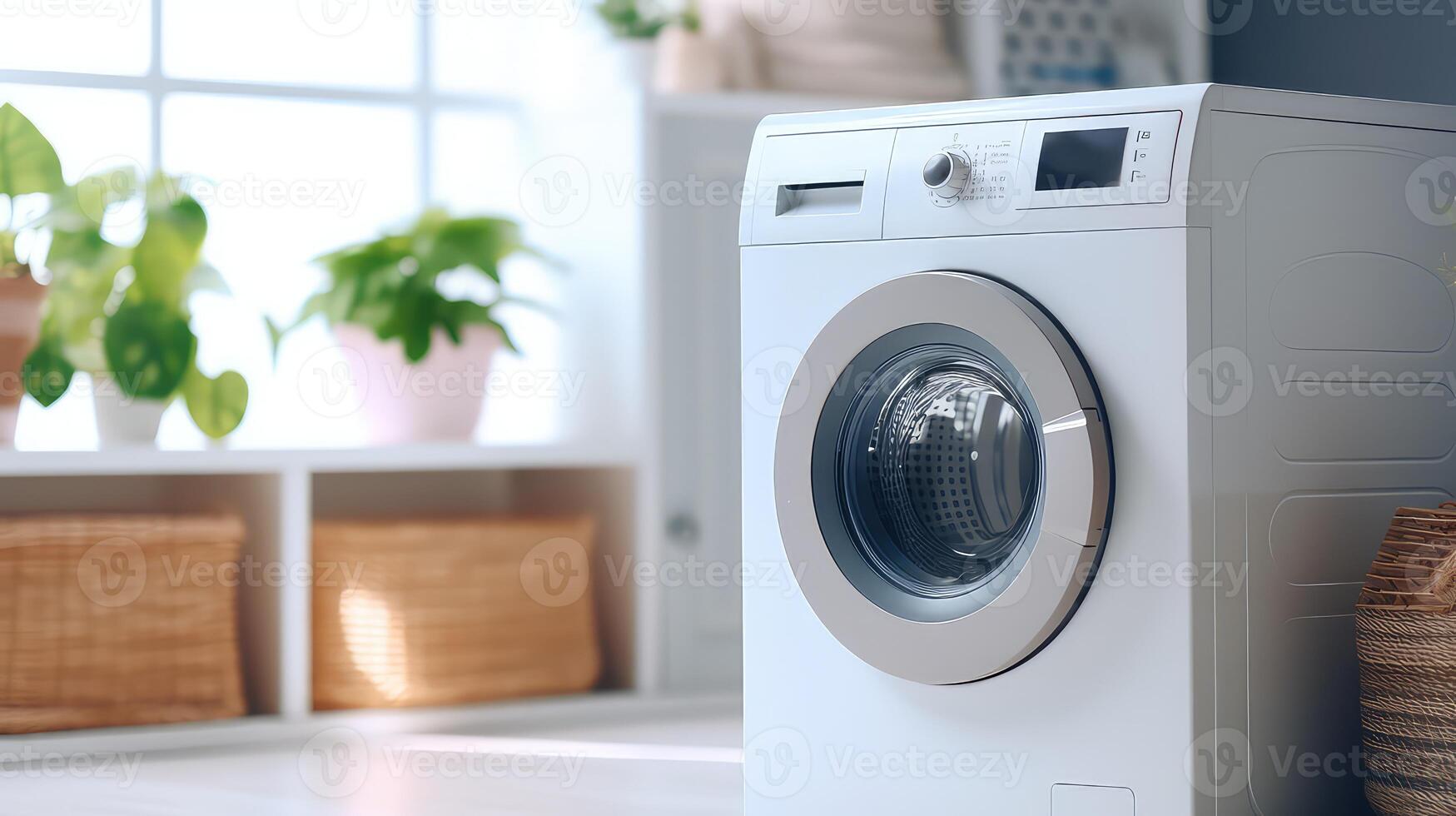 AI generated Washing machine in the laundry room. 3d rendering and illustration. photo