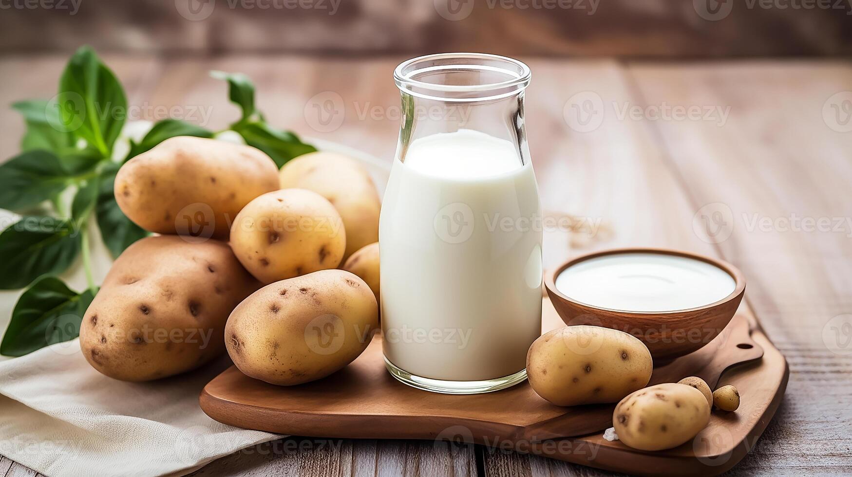 AI generated milk and fresh potatoes on wooden background - healthy food and drink photo